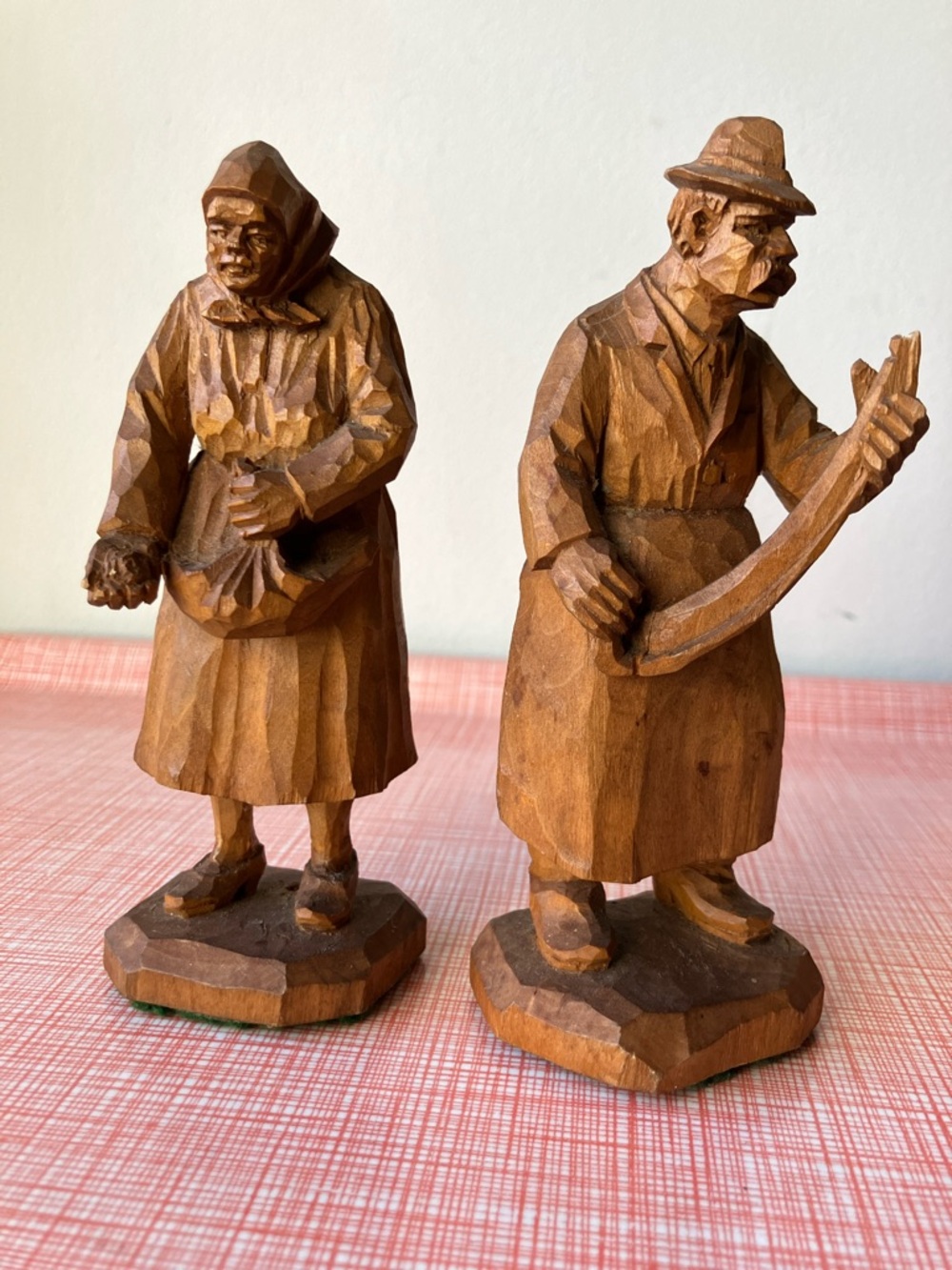 Vintage Hand-Carved Wooden Folk Art Sculpture Pair